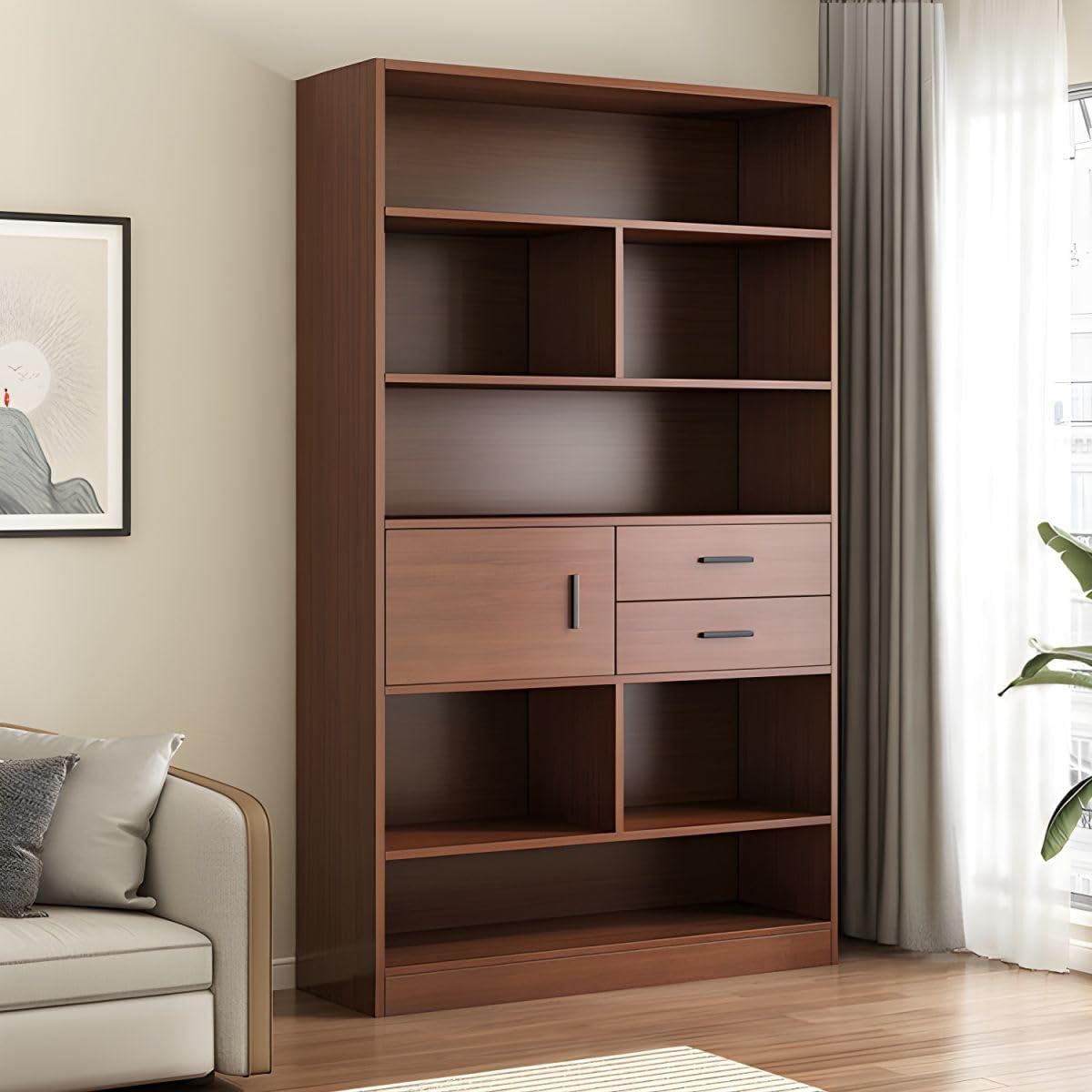 KWOKING Closed Back Bookcase Contemporary Engineered Wood Bookshelf Office Bookshelf Floor-to-ceiling Bookcase Shelf Against the Wall Grid Cabinet Storage Cabinet Locker Walnut 40.2