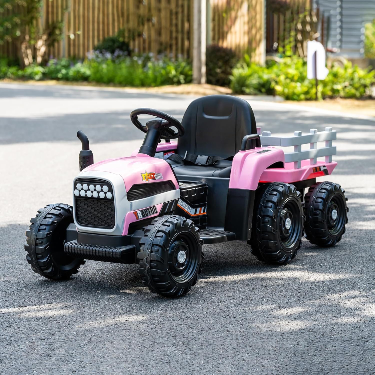 24V Electric Ride On Car with Trailer for Girls, 6-Wheel Farm Tractor Toy, Dual 200W Motors, Remote Control, MP3 Bluetooth, LED Lights, Safe Soft Start, Pink