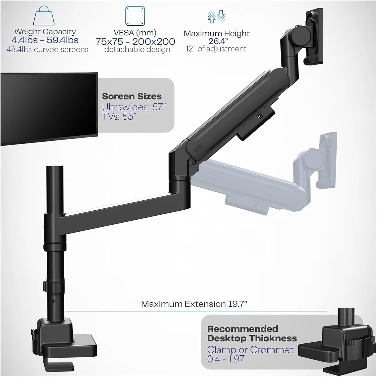Black Heavy Duty Pneumatic Single Extra Wide Computer Monitor Arm Desk Stand -