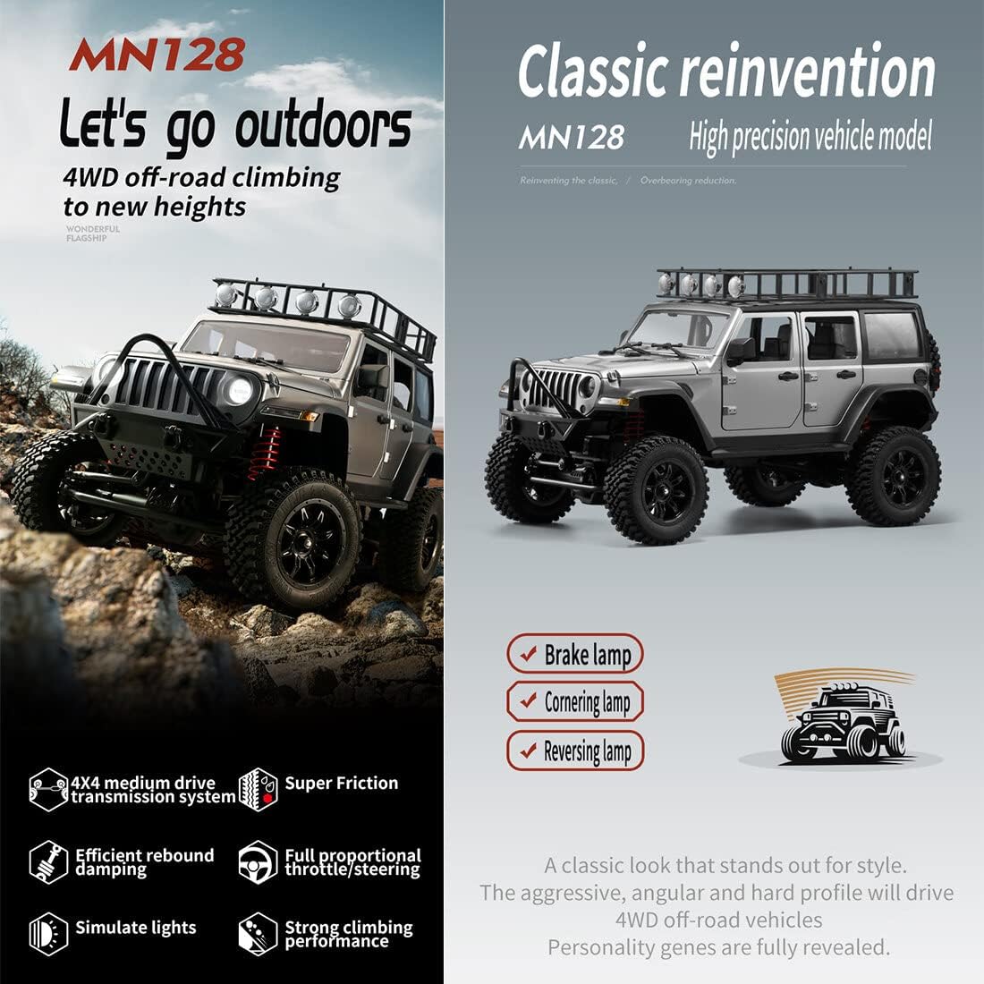 MN-128 RC Cars Jeep 1/12 RC Crawler 2.4G RC Jeep RC Rock Crawler RC Truck 4x4 RC Car Vehicle Model (RTR Version/Grey)