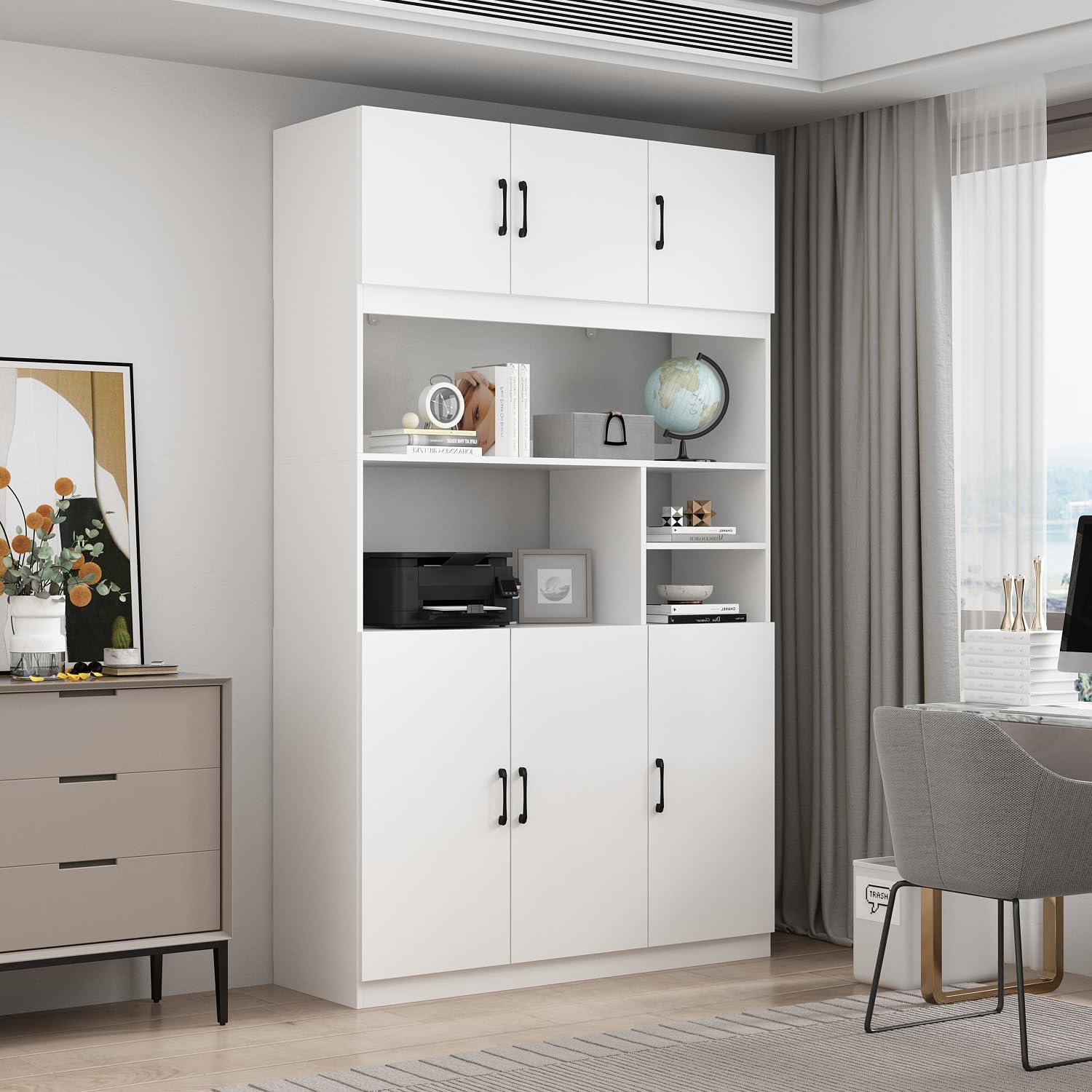 AIEGLE Large Bookshelf Set, Tall Bookcase Display Bookshelf with Open Shelves & 6 Doors, Home Office Display Storage Cabinet, White (47.2