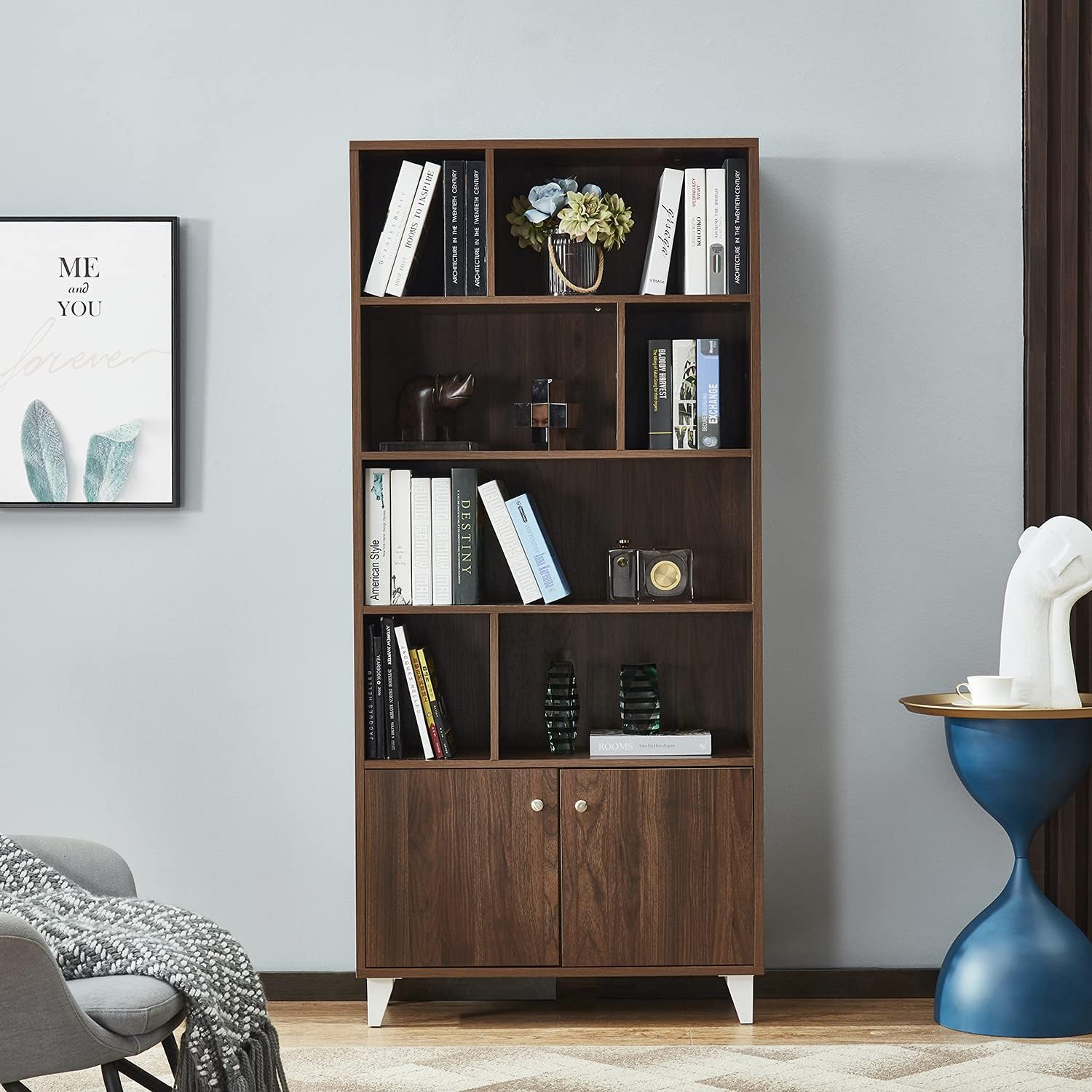 SPOFLYINN Bookcase with 2 Doors 7 Open Storage Compartments Bookshelf Adjustable Metal Legs Cabinets for Home Office Walnut One Size