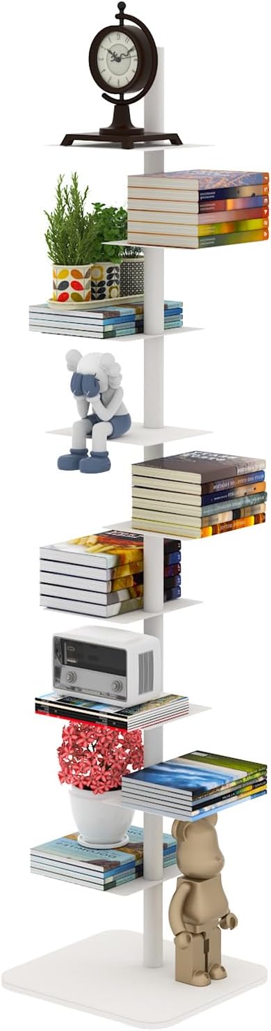 Nynelly 9-Tier Metal Spine Bookshelf - Heavy Duty Vertical Book Tower, White Open Bookcase, Floor Standing Tall Narrow Book Shelf for Small Space Living Room Office Decor, Industrial Book Organizer