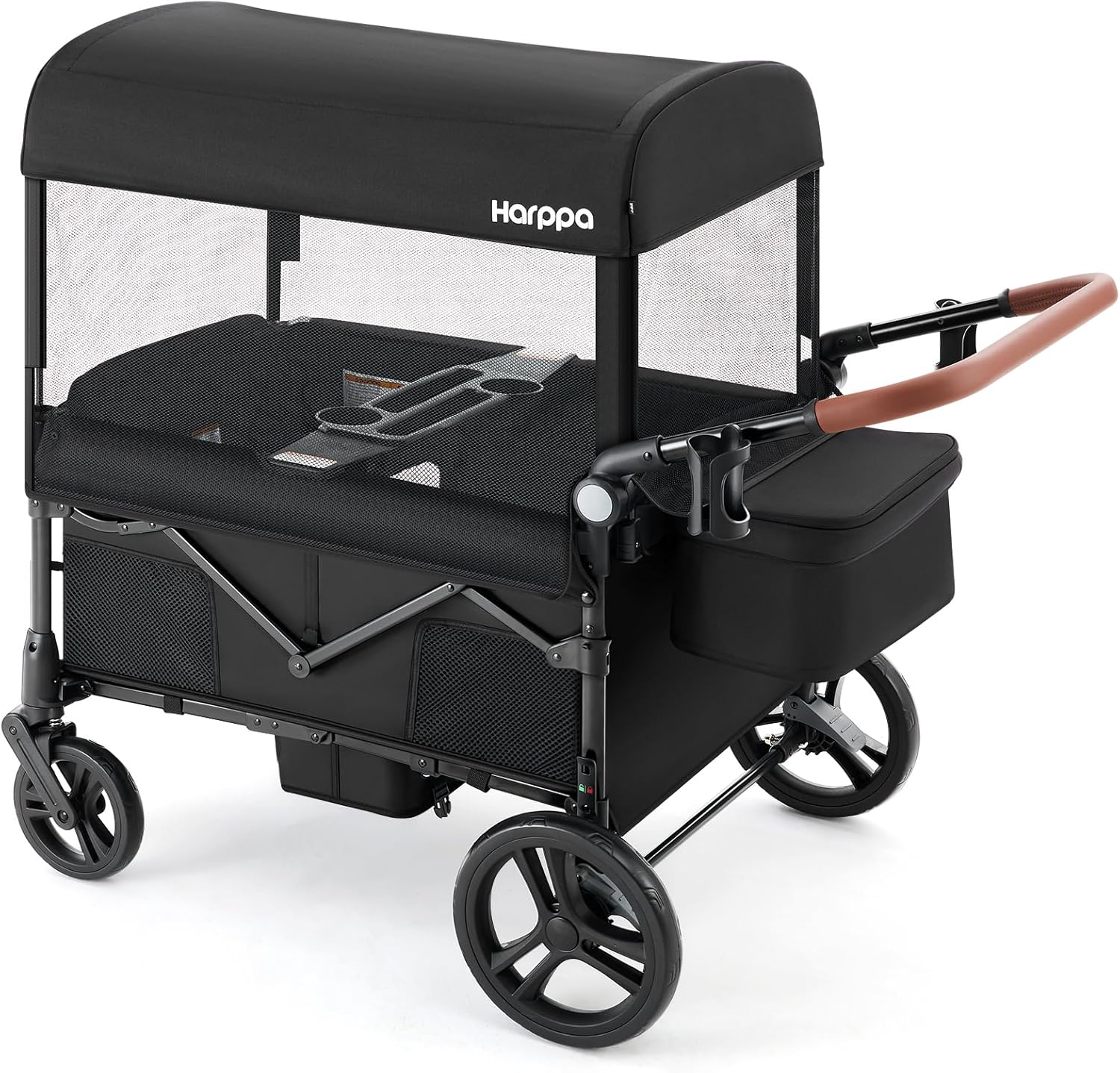 HARPPA Foldable Wagon for Kids, 4 Seater Stroller Wagon with Seats, One-Button Fold, UPF50+ Canopy & Mosquito Net, All-Terrain Wheels, Adjustable Handle, Easy to Store Black