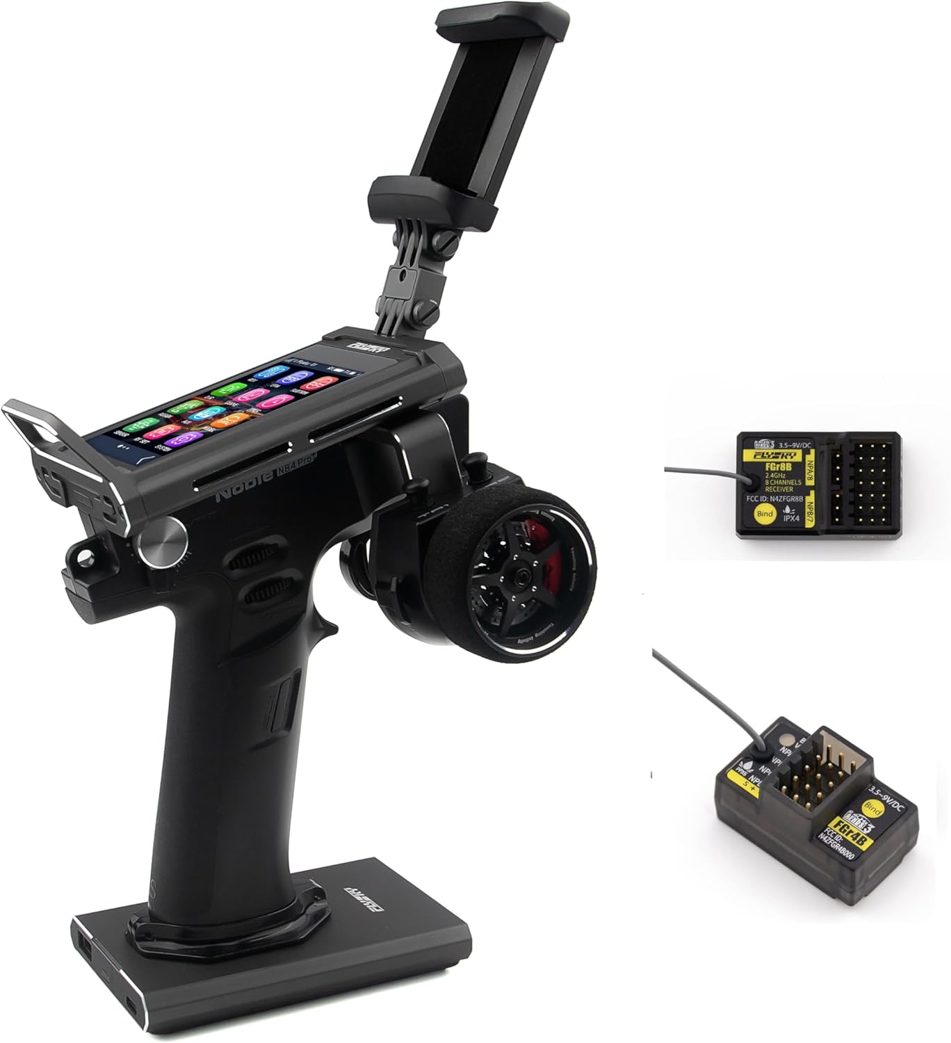 Flysky Noble NB4 Pro+ Surface Radio TX 2.4GHz 18CH AFHDS 3, Radio Transmitter 3.5 Inch IPS Touching Screen & 2 Flysky Receivers FGR4B & FGR8B - Surface Radio TX for RC Cars & RC Boats (HELIDIRECT)