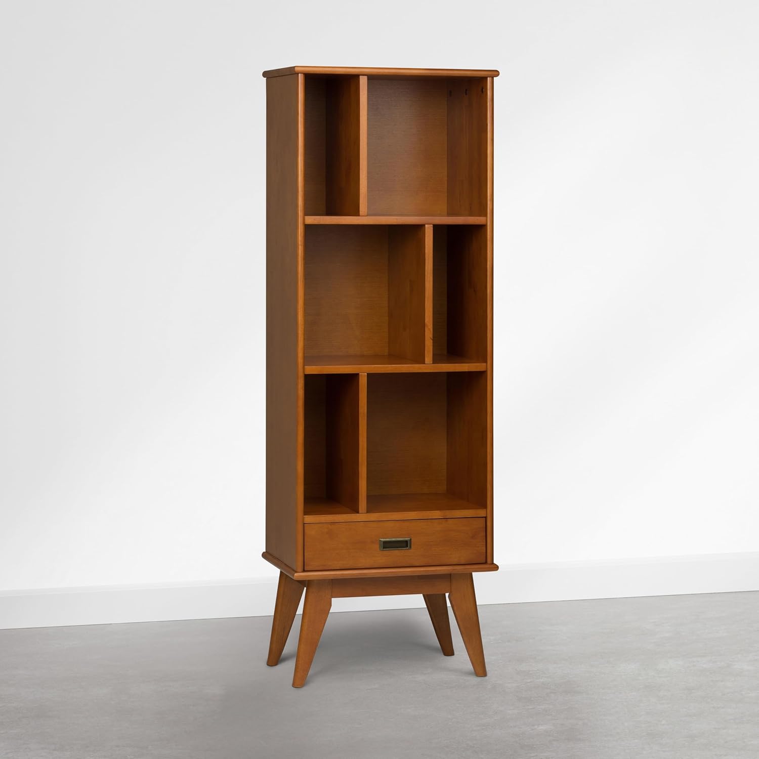 SIMPLIHOME Draper Bookcase - 64 inch Tall Solid Wood Storage Bookshelf in Tawny Brown Teak, Mid-Century Modern Storage for Living Room, Study Room or Office with Adjustable Shelves and Angled Legs