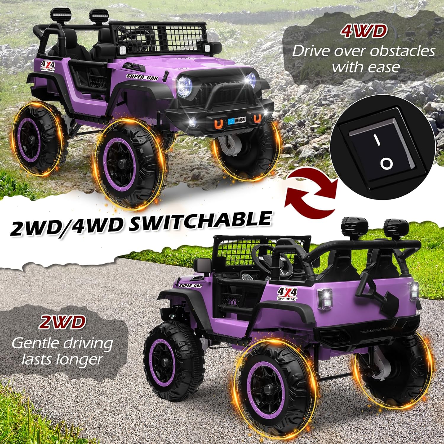 OTTARO 24V 4WD/2WD Switchable Ride on Cars, 2 Seater Kids Electric Vehicle Truck with 20 Inch Seater, 4x100W Motors, 4 Shock Absorbers, Music Play,Bright Light, Remote Control (Purple Pink)