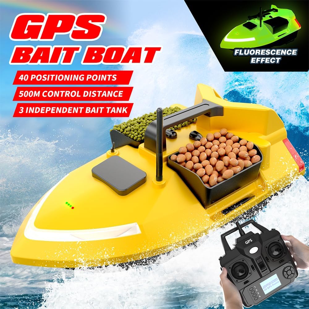 Bait Boat V020 Glow in The Dark, RC Fishing Boat GPS with Dual Motors, 12000mAh Battery, 546 Yards Range, Triple Bin 4.4 Lbs Capacity, Fluorescence Effect