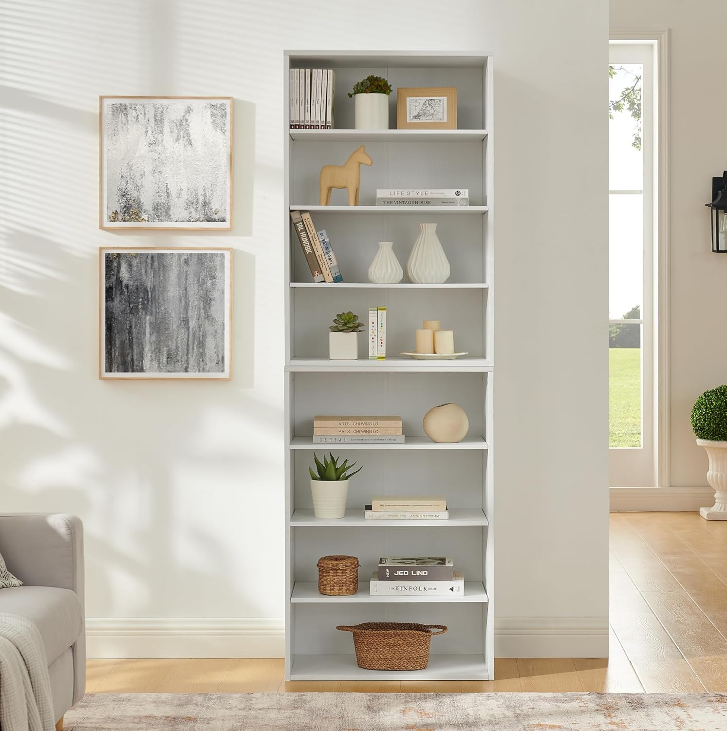 Gefaxi 8-Tier CD DVD Storage Cabinet, 71-Inch Tall Media Shelf, Adjustable Bookcase for Home Office, Multifunctional Display Rack, Can Split into Two 4-Layer Units (White)