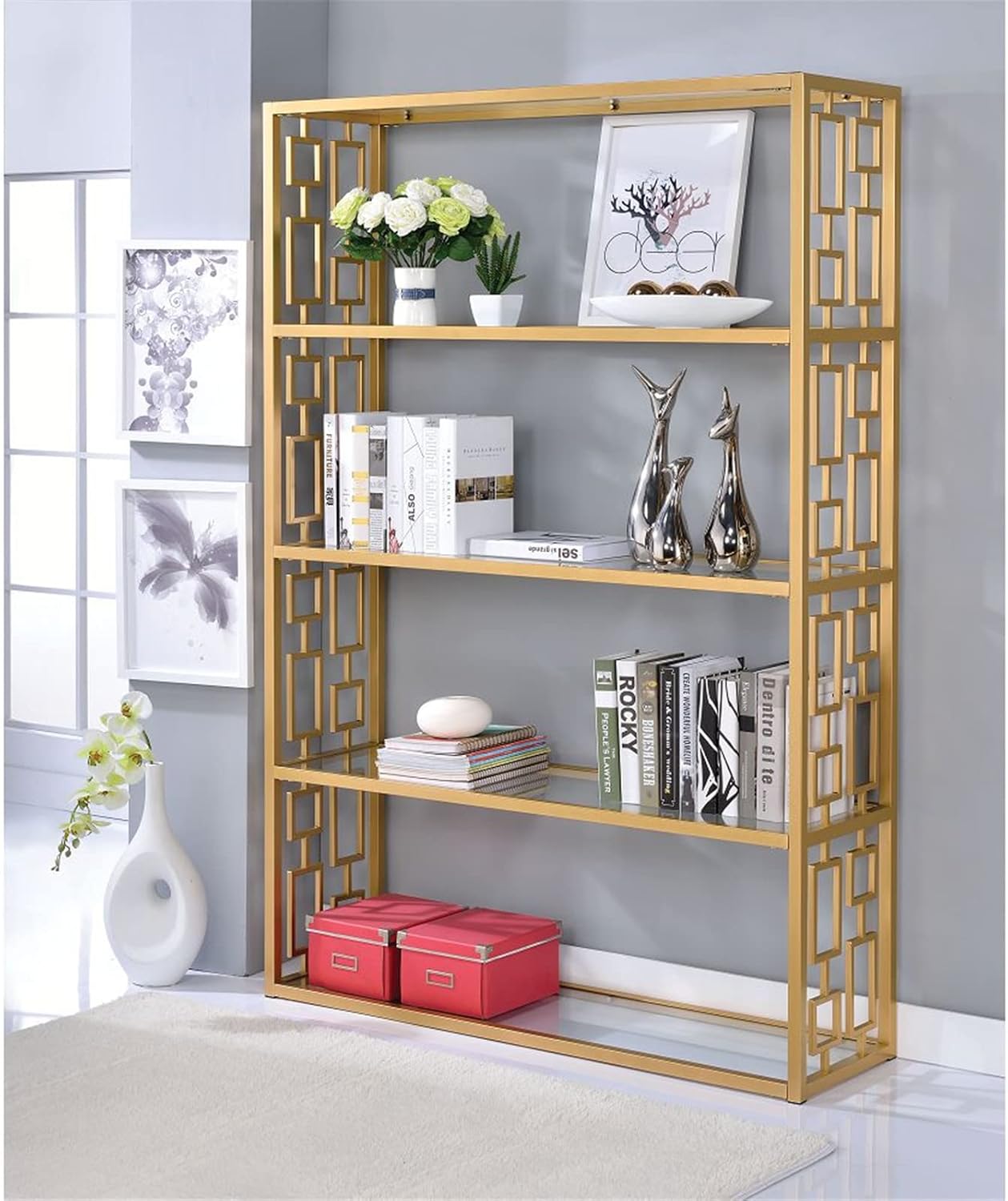 Home Office Furniture Sets,Modern Workstation Cottage Bookcase Glass Bookshelf Furniture for Home Office Study Room (Gold & Clear Glass Bookshelf) (Gold & Clear Glass Bookshelf)