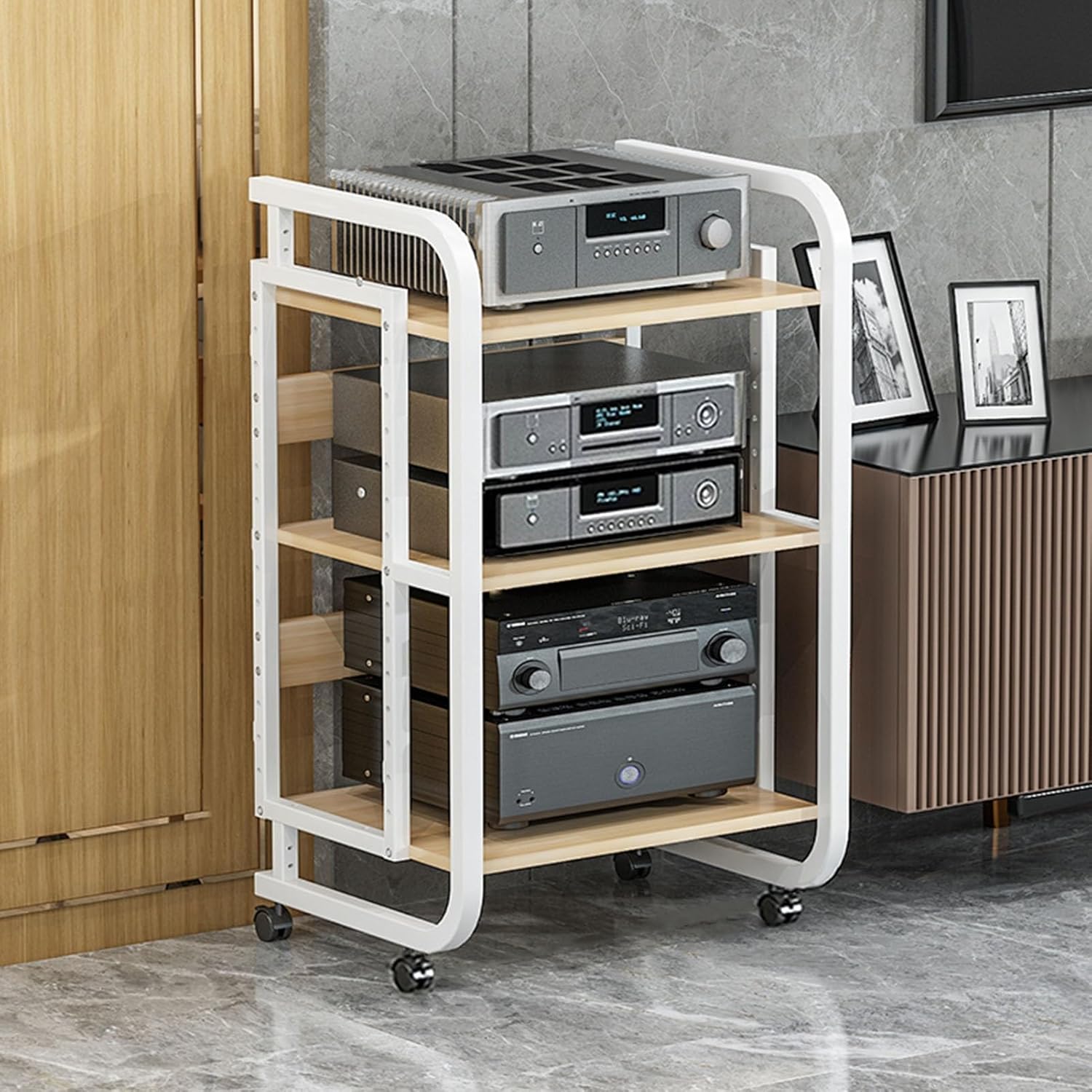 3/4/5-Tier Movable AV Media Stand CD Player Stand Stereo Component Storage Cabinet Audio Rack Tower with Height Adjustable Wooden Shelf for Home/Office/Theater (Color : White
