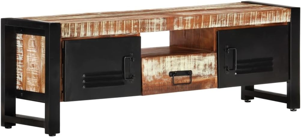 TV Cabinet Mixed Colors Solid Reclaimed Wood Glass TV Stand Sturdy Metal Frame Brown Solid Pinewood for Entertainment Center 47.2 x 11.8 x 15.7 in