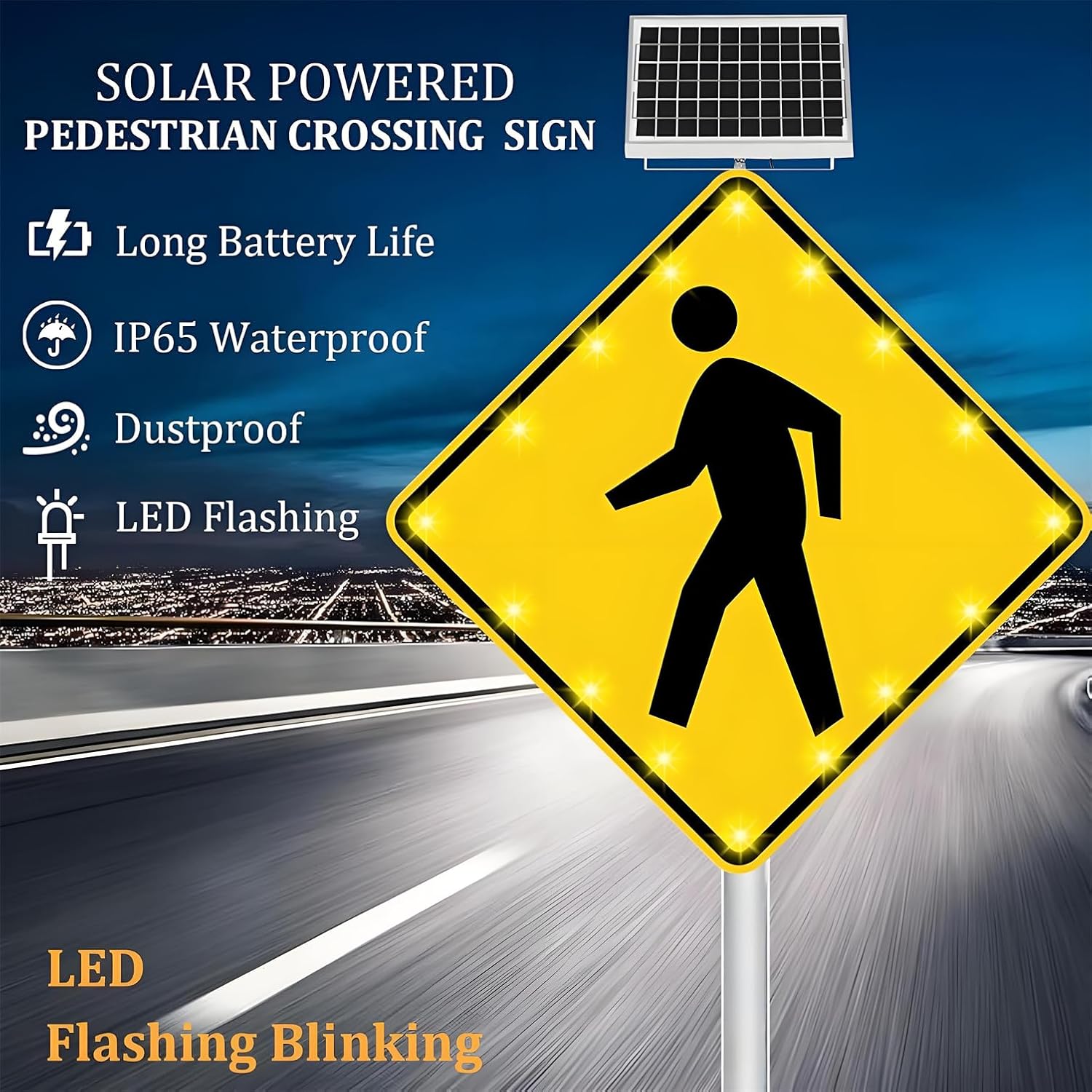 24in/31in Solar Pedestrian Crossing Sign - Flashing LED Traffic Warning Beacon, Solar Powered Wireless Blinking Sign, 4pcs 80x80cm for Enhanced Road Safety