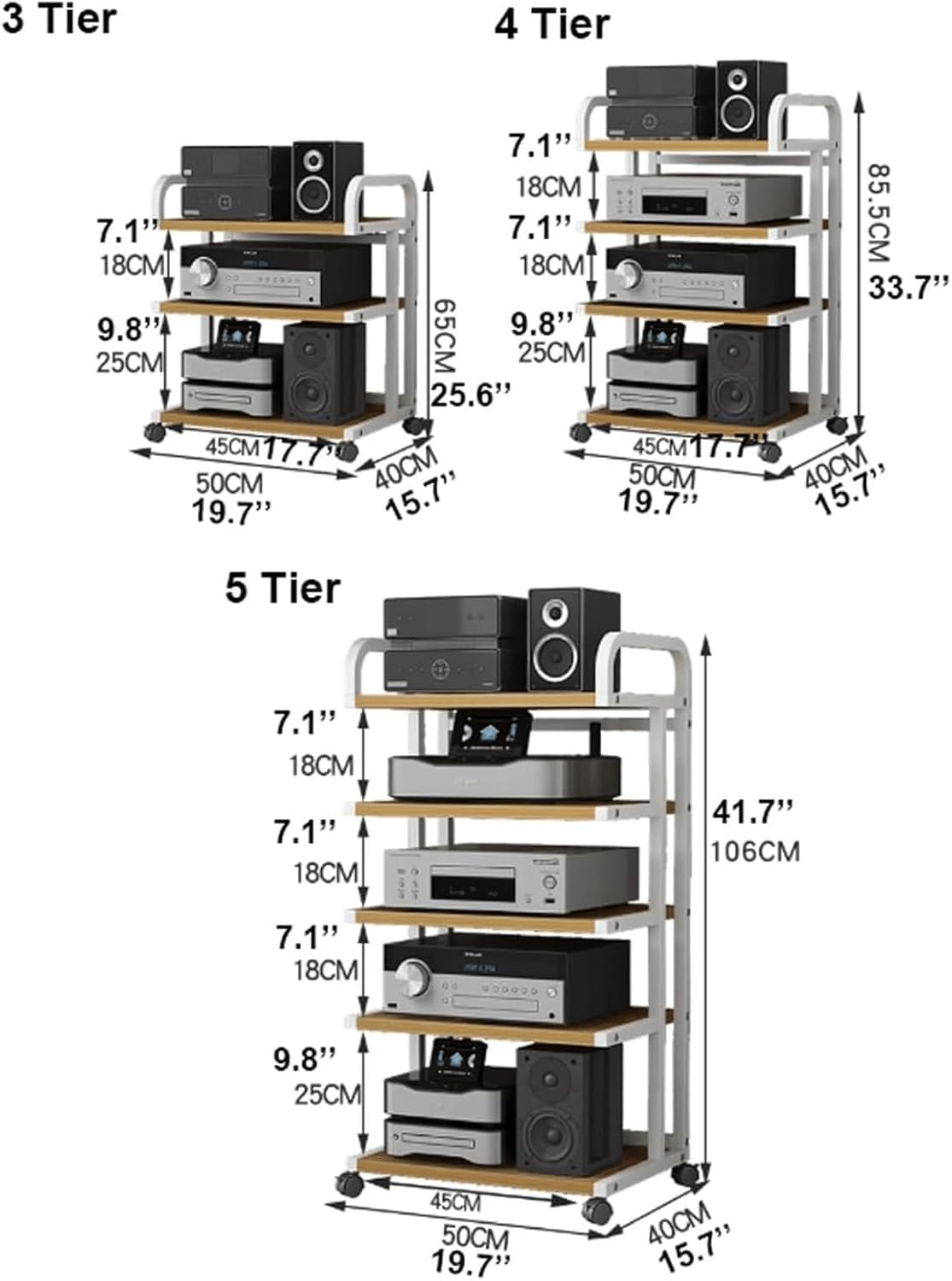 KUddYYKi Audio Rack Movable Stereo Rack HiFi Rack AV Media Stand with Wheels Audio-Video Shelving Open Audio Component Rack Stereo Shelf(Natural