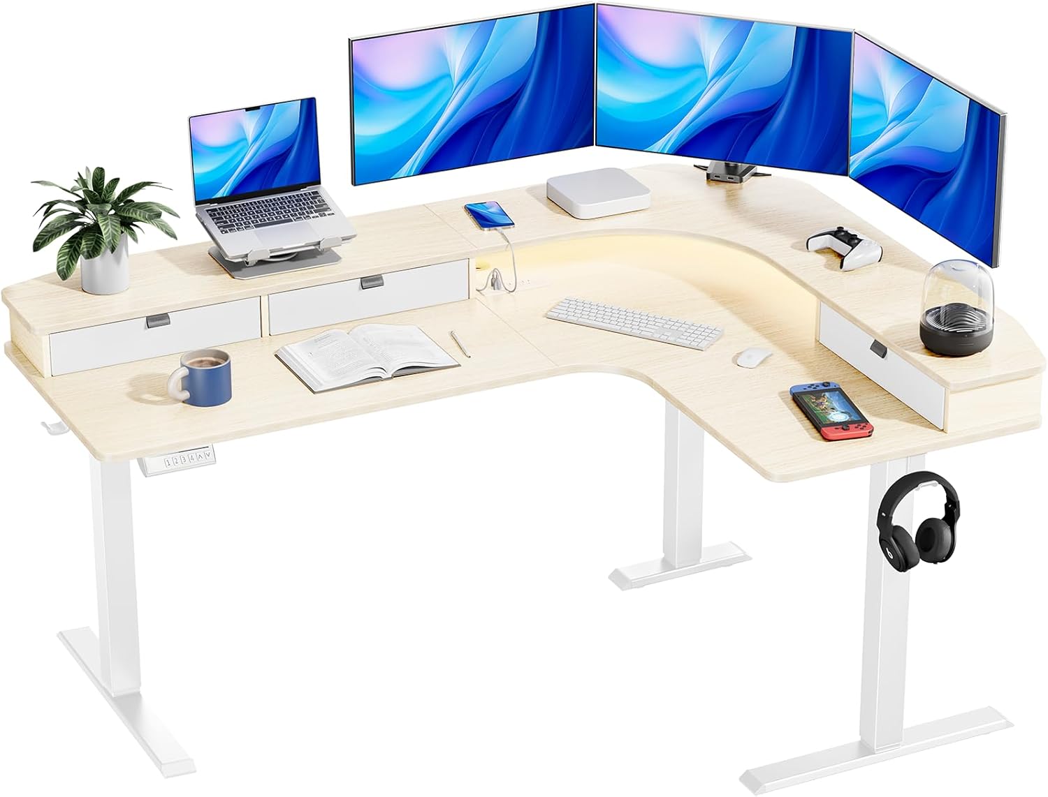 HUANUO 65″ L-Shaped Standing Desk with Power Outlets & LED Strip, Electric Height Adjustable Corner Computer Desk, Sit Stand Up Desk with 3 Drawers, Natural Wood
