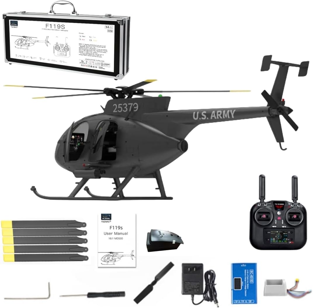 F119S MD500 Little Bird RC Helicopter with GPS, 1/16 Scale 9CH Military Helicopter Aircraft, Optical Flow, Adjustable Throttle, 6G/3D & Openable Cockpit for Hobbyists (Black 1 Battery)