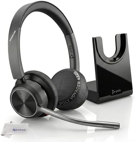 Poly Voyager 4320 UC Wireless Bluetooth Duo Headset (USB-A) Teams Version with Charge Stand - Global Teck Bundle with Microfiber Cloth - Deskphone, PC/Mac, Works with Zoom, RingCentral, 8x8, Vonage