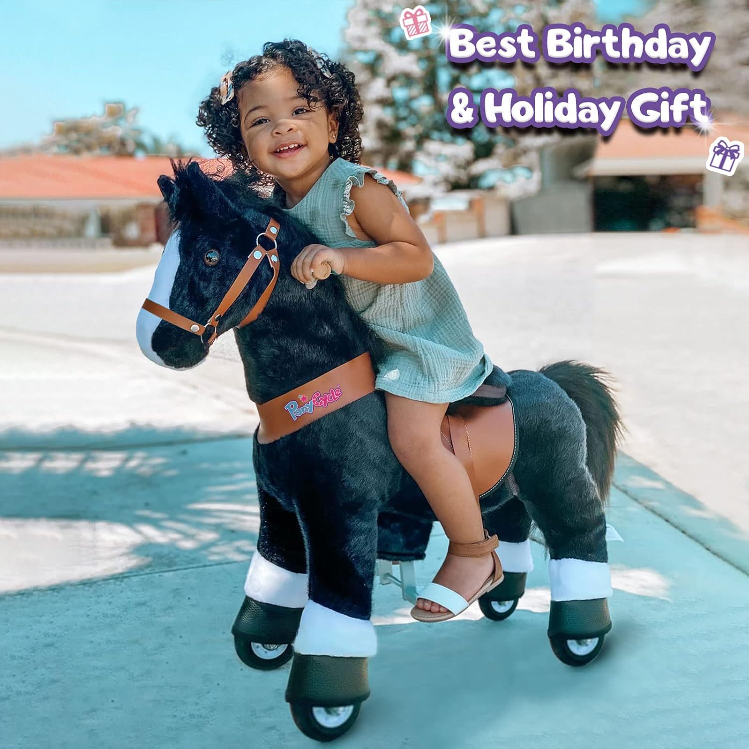 PonyCycle Official Ride On Black Horse with White Hoof Mechanical Pony Giddy up Pony Plush Toy Walking Animal Size 4 for Age 4-8 Years - Ux426