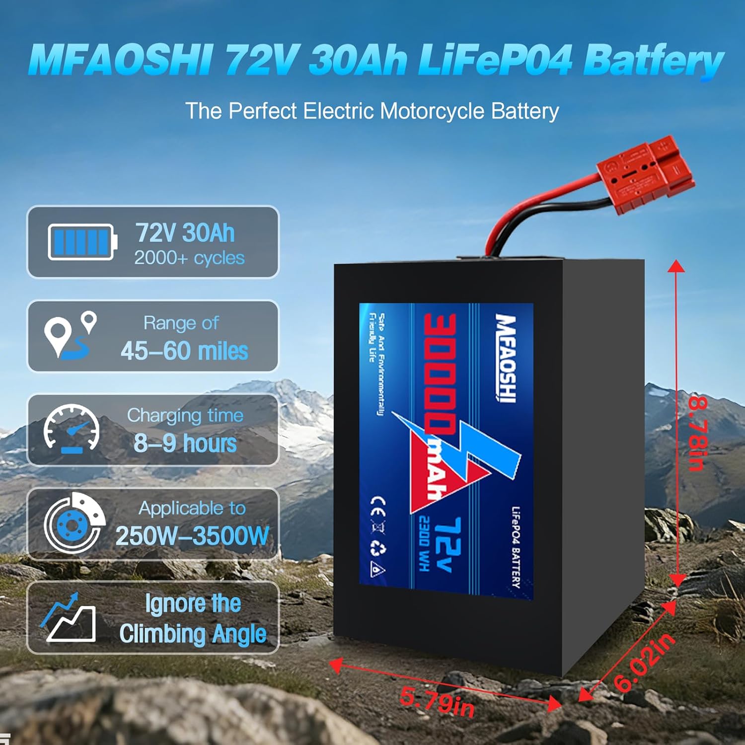 72V 30Ah LiFePO4 Battery with 50A BMS Protection | LED Display | 2A Fast Charger,High-Capacity Pack with 50A BMS & Anderson Plug for E-Bikes, Scooters, Motorcycles (250W-3500W)