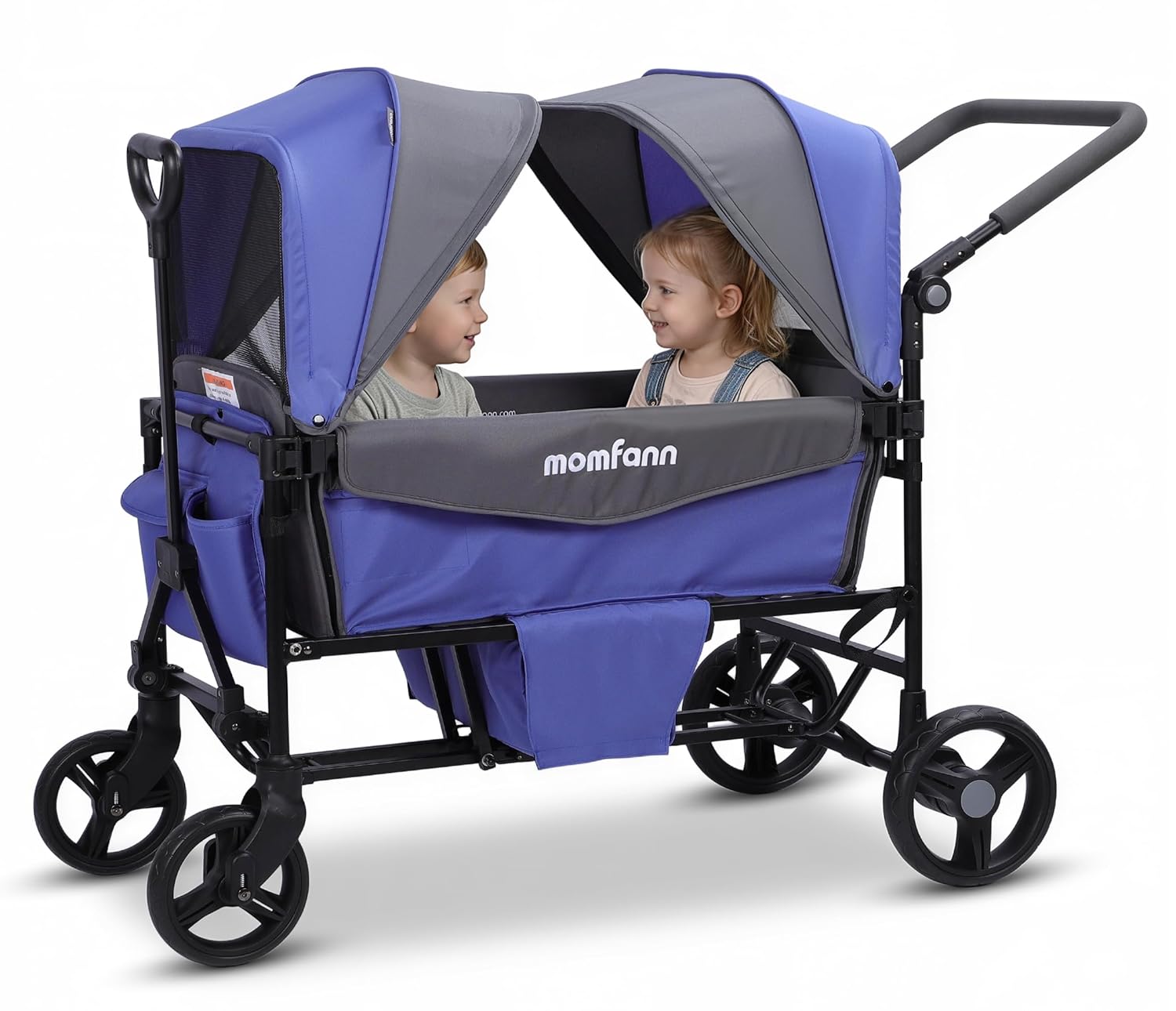 Stroller Wagon for 2 Kids, All-Terrain Wagon Stroller with Foldable, Adjustable Double Push Pull Handle, Large Storage Bag,Removable Canopy, Deep Blue