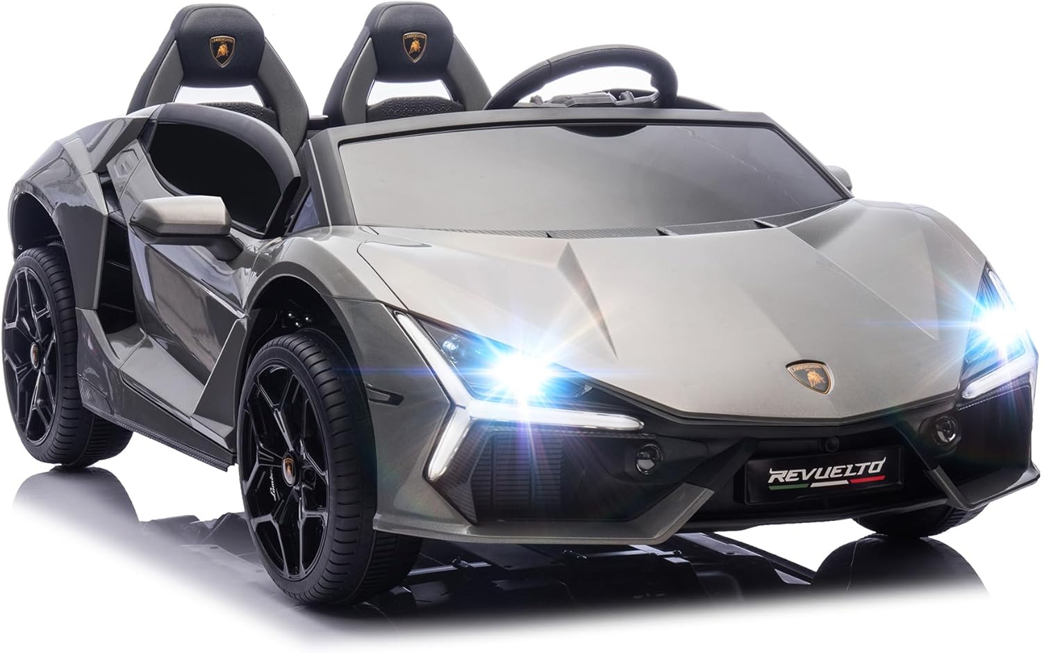 Oryxearth 24V Ride on Car with Scissor Door, Electric Toy Car with 2.4G Remote Control, Power Wheels for Child w/Bluetooth, Music, Story, 2 Safety Belts and LED Lights, 2 Speeds, Up to 132lbs, Grey