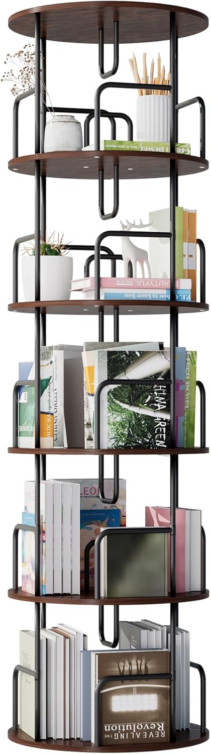 BYCDD Rotating Spinning Bookshelf Tower 5 Tier, Revolving Bookcase Round Storage Organizer, Narrow Tall Vertical Turning Book Shelf for Kids Bedroom Living Room Corner,Brown