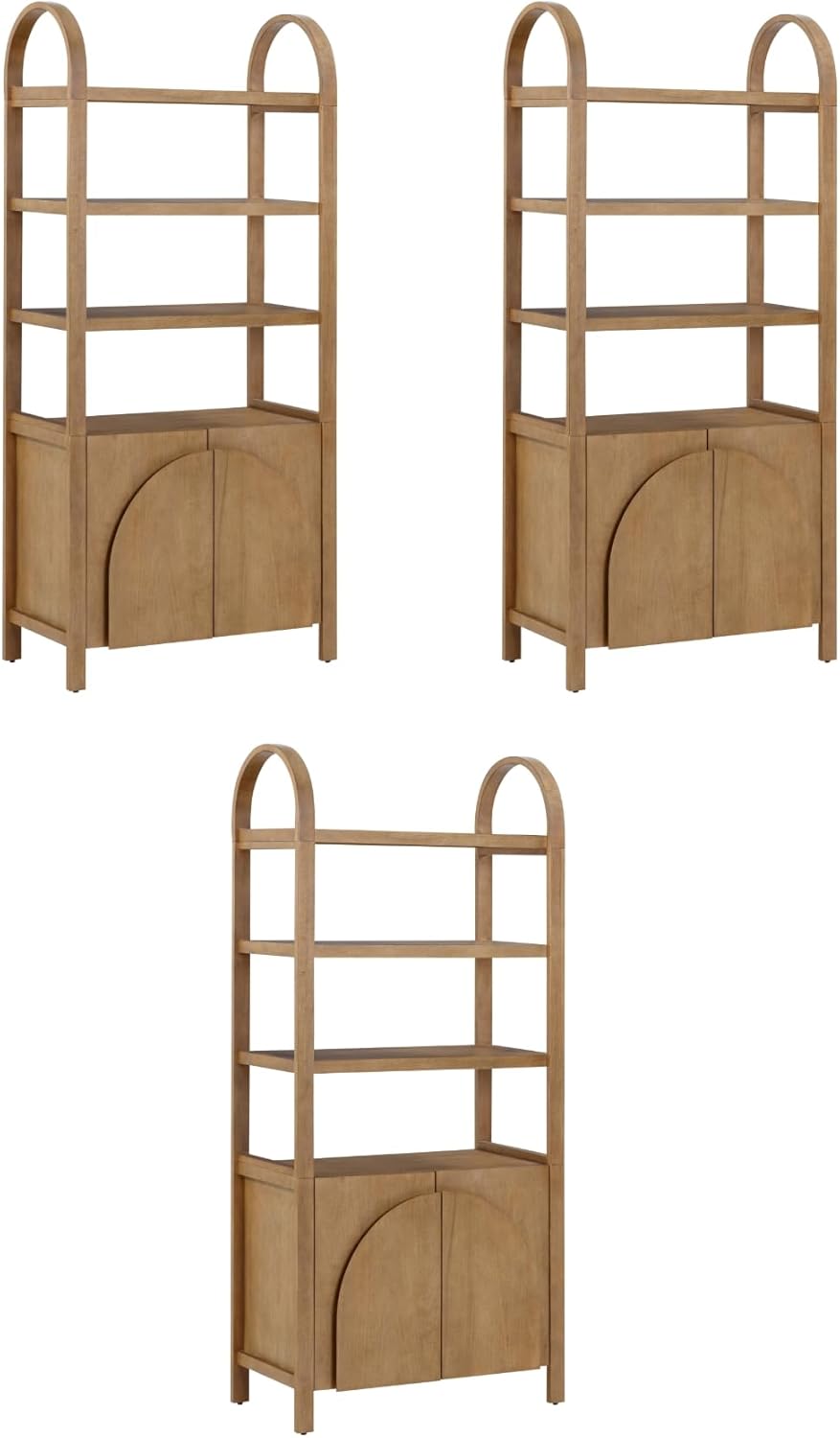 Nathan James Iris 3 Tier Bookshelf, Arched Bookcase Cabinet, Solid Wood Bookcase with Cabinet Base, Boho Bookshelf in Unbrushed Light Brown Finish, Set of 3