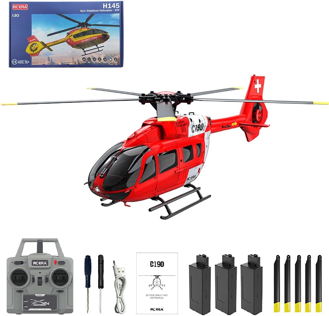 C190 RC Helicopter for Adults, 1/30 Scale H145 2.4G 6CH Single-Rotor Gyroscopic Flying Helicopter with 6-axis Gyroscope and Dual Brushless Motors for Beginners - 3 Battery
