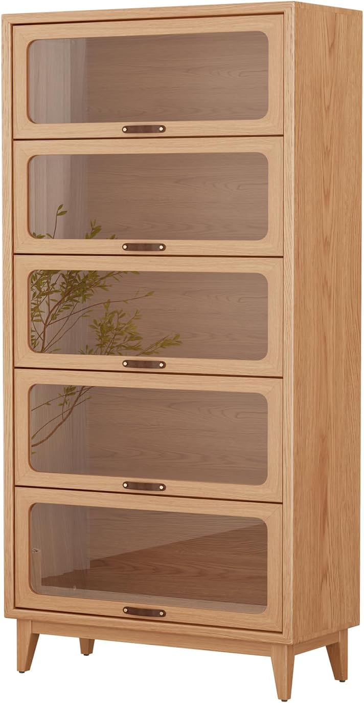 5 Tier Solid Wood Bookcase with Tempered Glass Doors Elegant Wooden Book Shelf with Doors 72H/32w/14 inch Log Khaki, Luxury Antique Bookcase Artwork Book Shelves/case for Home Office