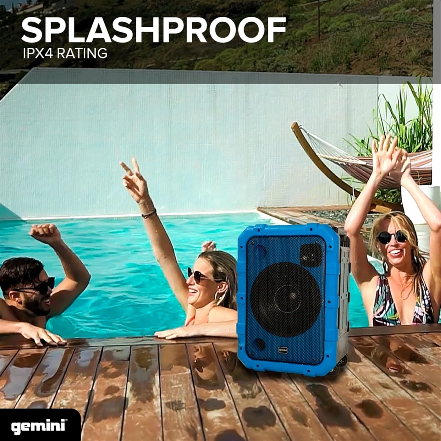 Gemini Portable Bluetooth Speaker with Wheels - 240W Party Speaker, IPX4 Water Resistant, LED Light Show, Dual Mic Inputs, Rechargeable Battery, Trolley Handle for Outdoor Events (MPA-2400) - Blue