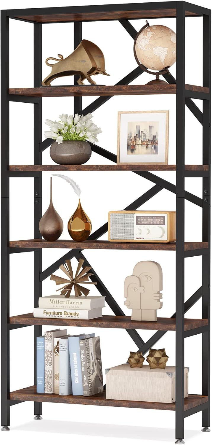 Tribesigns 6 Tier Industrial Bookshelf, 71 Inch Tall Etagere Bookcase with Metal Frame, 32 Inch Wide Shelving Unit, Freestanding Book Shelf for Home Office, Bedroom, Living Room, Black