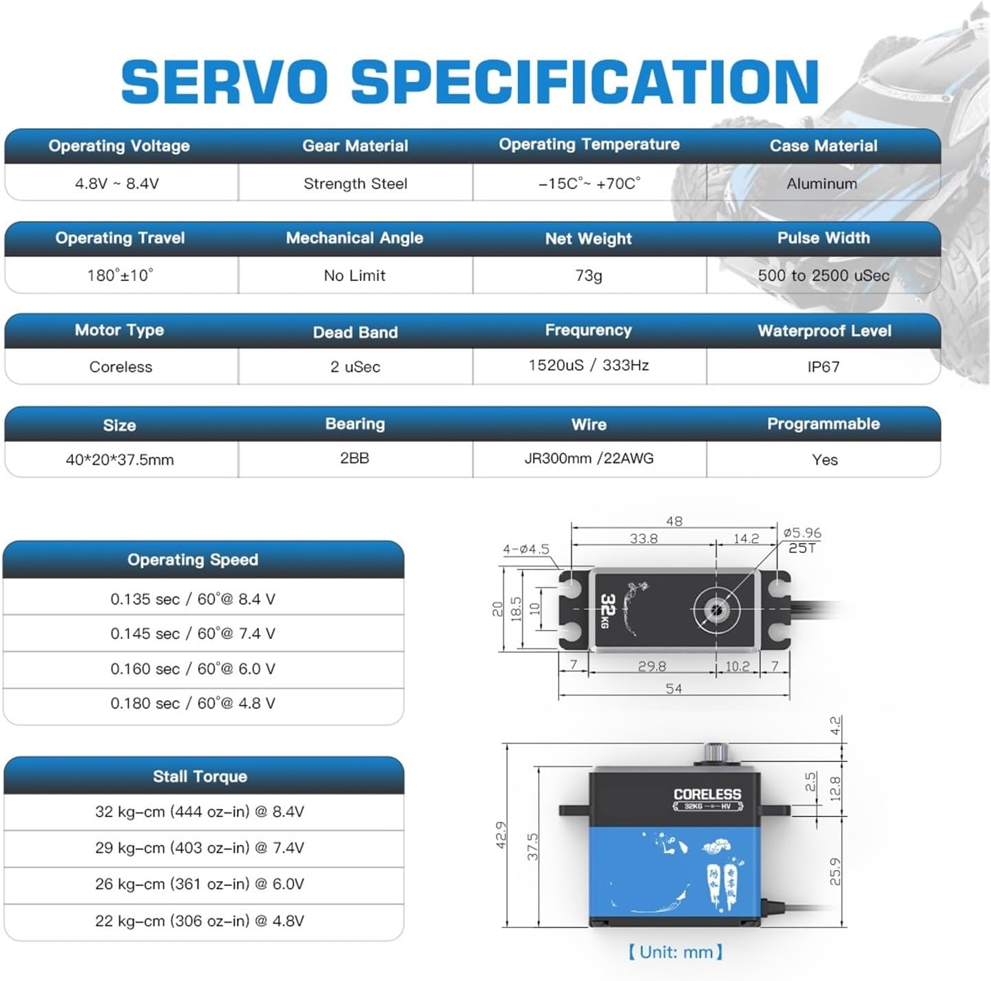 A73CHLW 32KG Digital Coreless High Torque 1/10 HV Programmable Waterproof Servo for 1/10(A73CHLW 32kg set4)