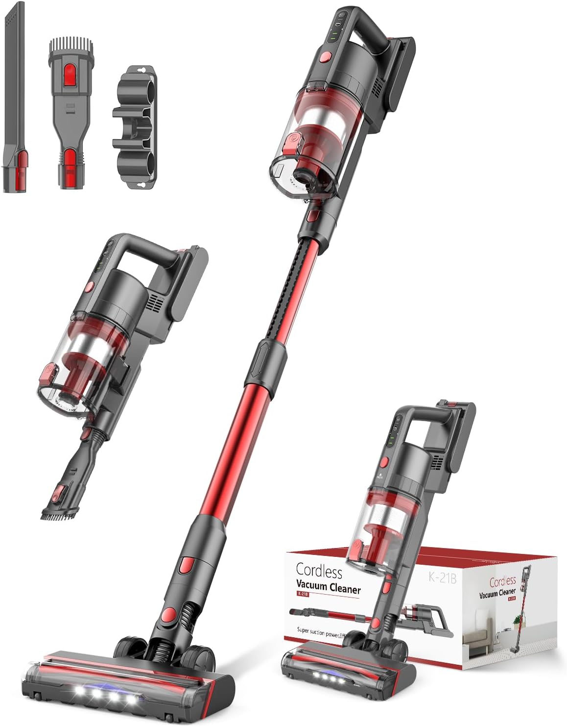 Ljuren Cordless Vacuum Cleaner, 85,000PRM Upgraded Dual Suction Cordless Stick Vacuum up to 35mins Runtime, Lightweight Rechargeable Vacuum for Home (Bright Red)