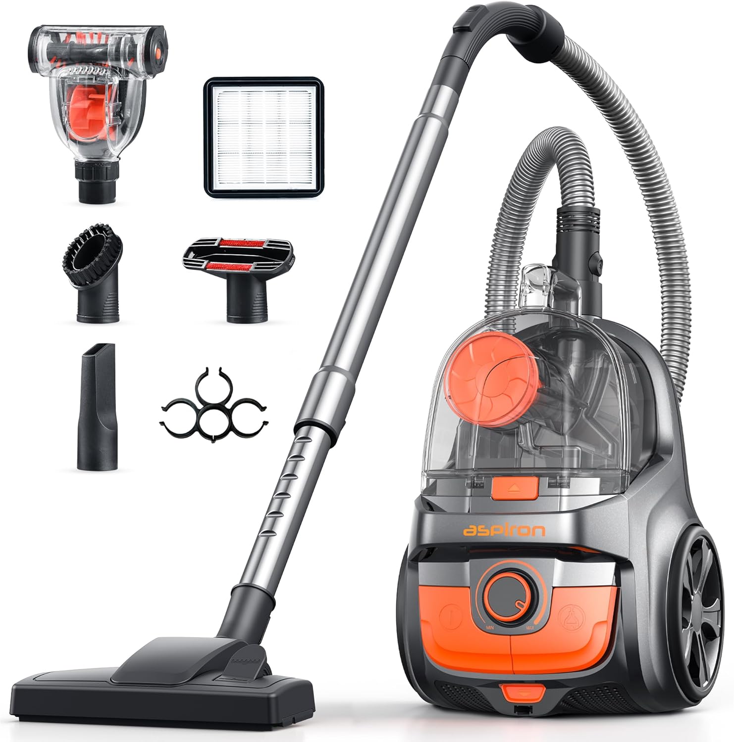 Aspiron Canister Vacuum Cleaner, 40Kpa Bagless Vacuum Cleaners, 4QT Large Dust Cup, Double HEPA Filter, Retractable Cord, 1600W Lightweight Vacuum Cleaner with 5 Tools for Hard Floors, Orange
