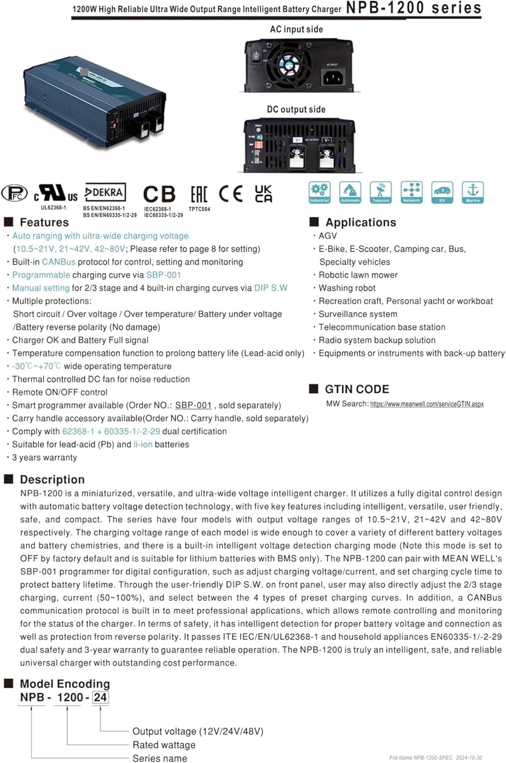 1200W Output Battery Charger NPB-1200-12 NPB-1200-24 NPB-1200-48 NPB-1200(NPB-1200-12)
