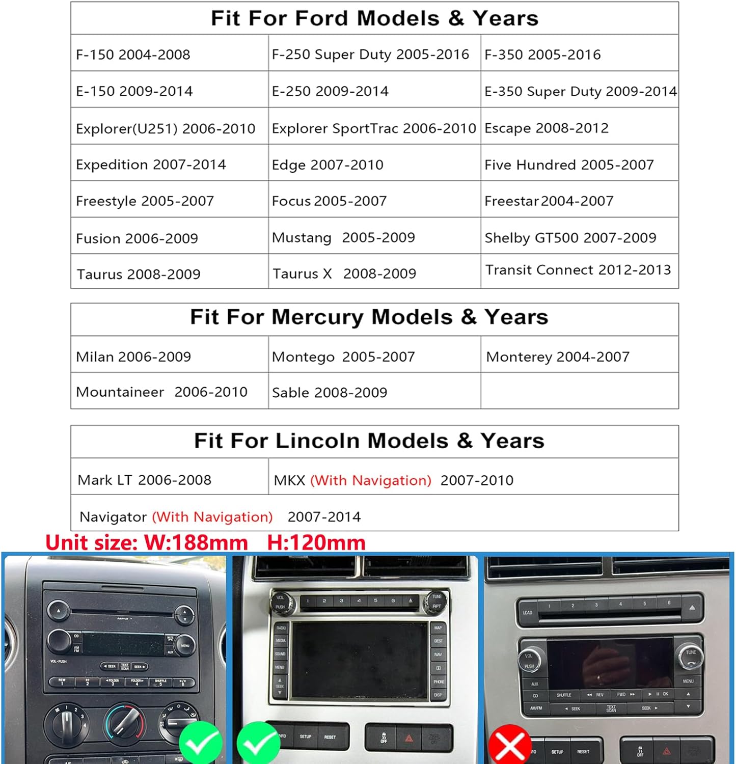 Car Radio Stereo CD DVD Apple CarPlay Andriod Auto Navi for Ford F150/F250/F350 2004-2014 /Mustang Edge Explorer Expedition 2007-2010/Mercury Mountaineer Milan/Lincoln Navigator with Backup Camera