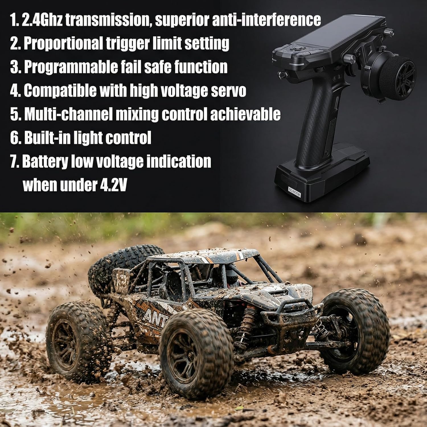 Greensen RC Transmitter, 3.5 Inch Color IPS Screen 11 Channel 2.4GHz Remote Controller with Dual Antennaes and GPS Feedback, for RC Car Boat (Black)