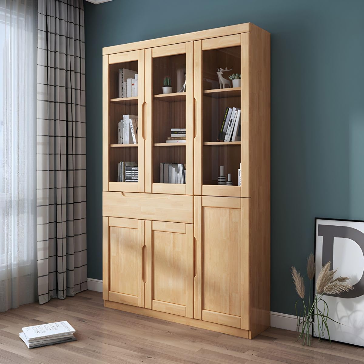 KWOKING Contemporary Style Bookshelf Solid Wood with Glass Door Bookcase for Office Study Room RubberWood Bookcase Rubber Wood Office File Cabinet Bookshelf Cabinet Natural 47.2