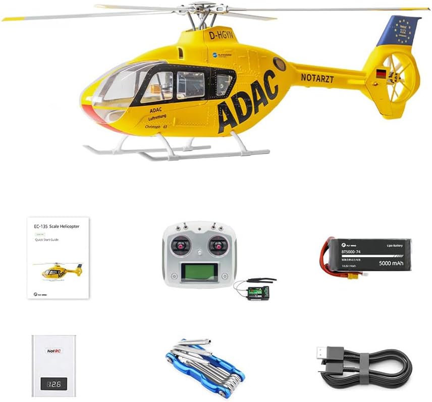 FLYWING EC135 RC Helicopter RTF EC 135 Scale Helicopter 6CH 470 Size rc Helicopters 4 Blades EC-135 Yellow 1:16 6CH Helicopters with New ACE Flight Controller