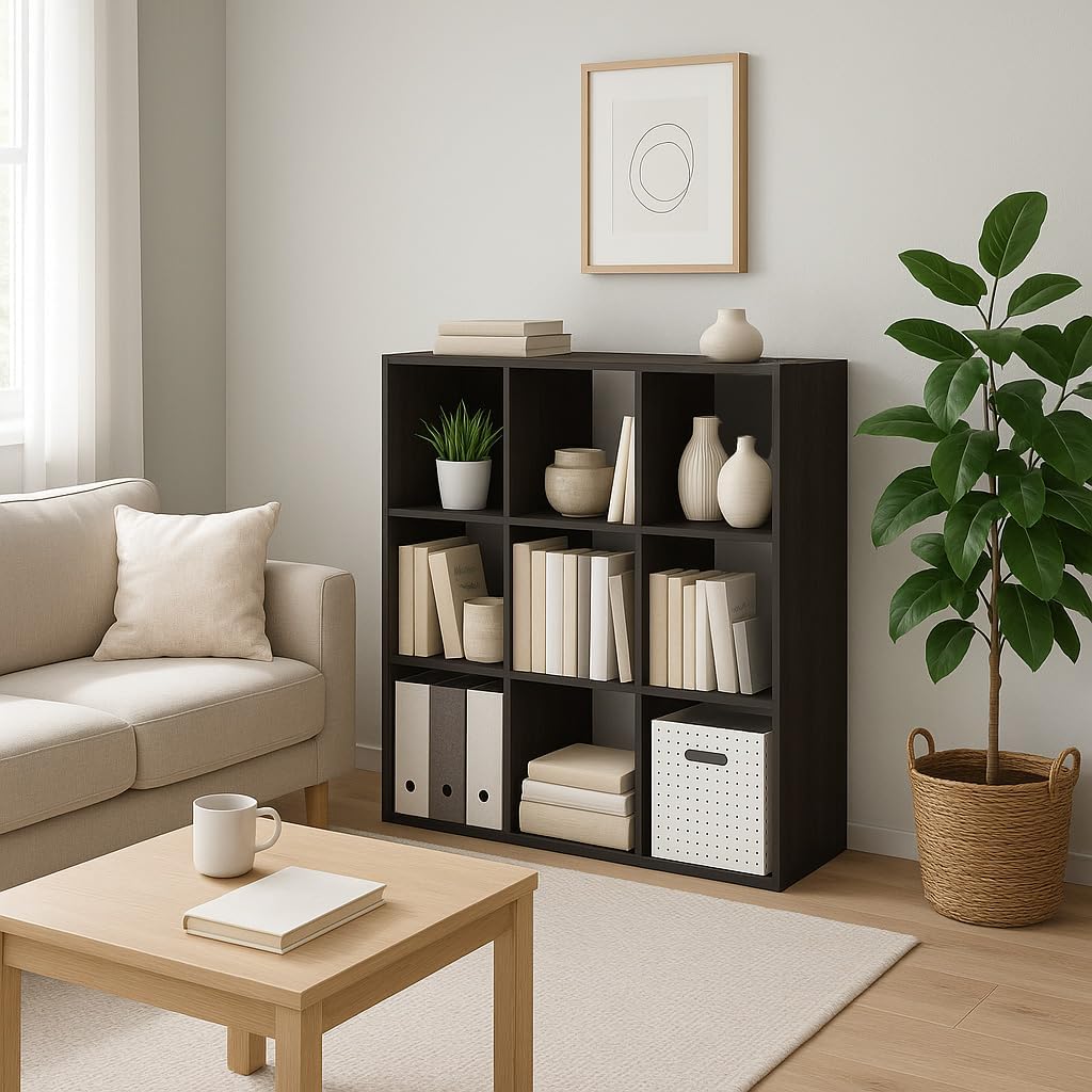9-Cube Storage Shelf Bookcase - Wooden 3-Tier Free Floor Standing Open Bookshelf for Home and Office, Organizer Cabinet in Espresso