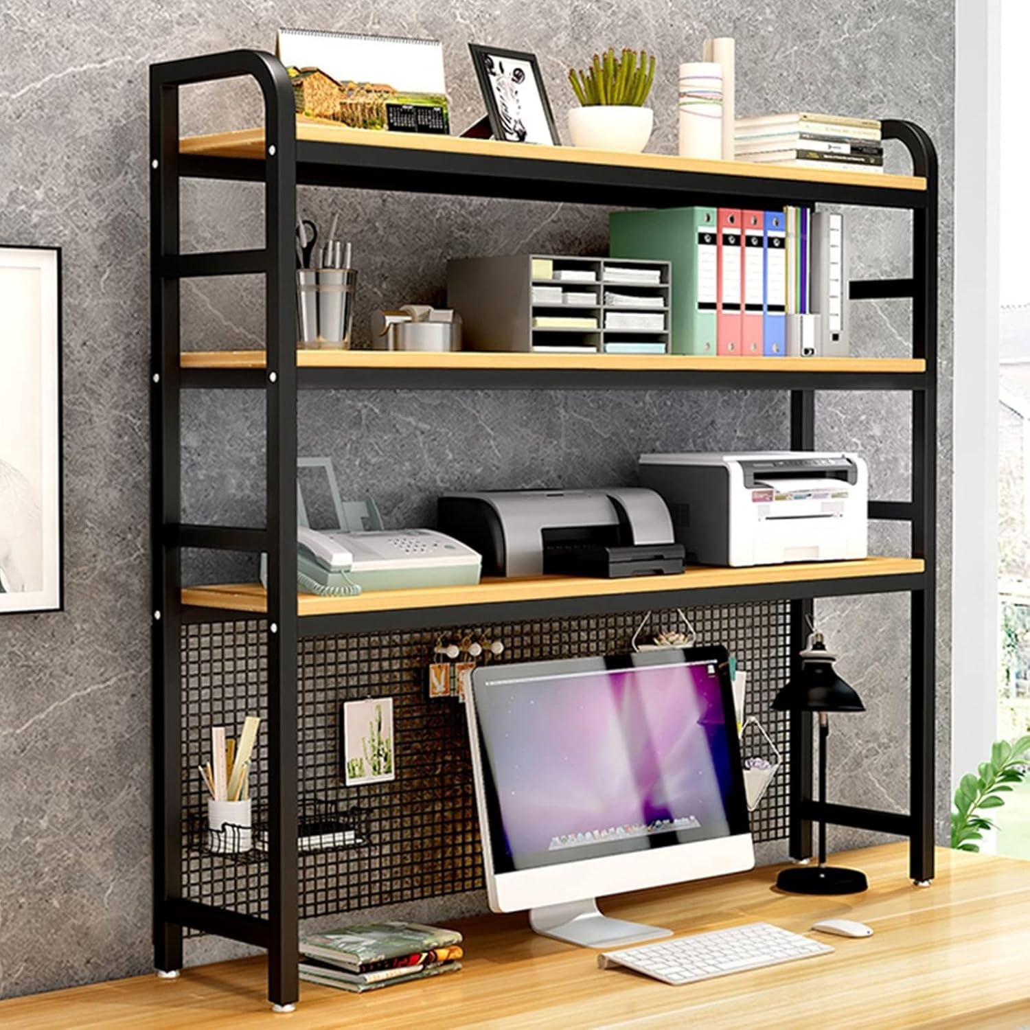 Desktop Bookshelf Adjustable Desk Bookshelf Organizer Rack Countertop Hutch 3-Tier Desk Shelf, All Metal Desktop Bookcase for Computer Desk (135X24X120CM,Black)