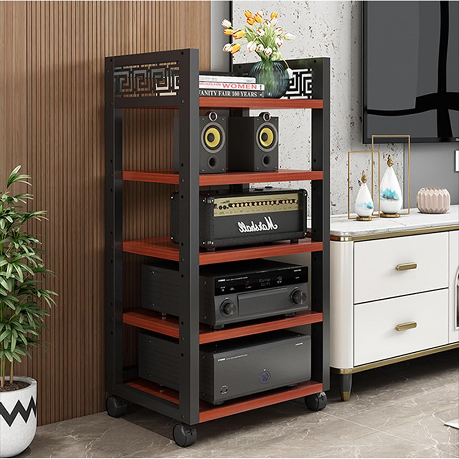 5-Tier Movable AV Media Stand Component Cabinet Stereo Audio Rack CD Player Stand with Height Adjustable Wooden Shelf for Home/Office/Theater