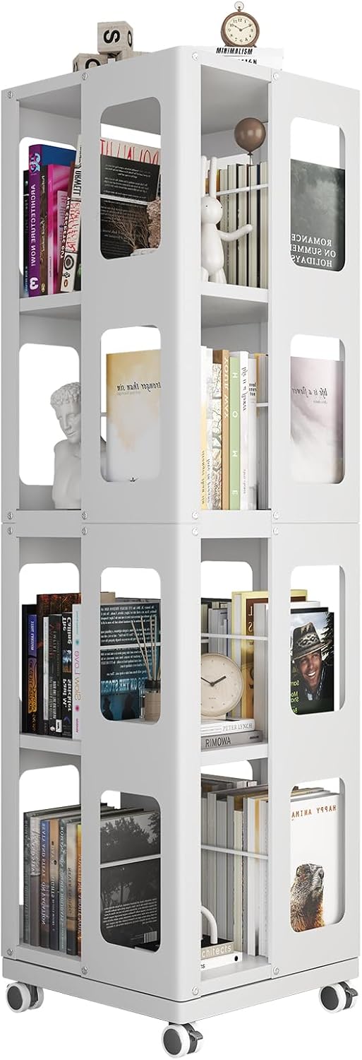 AJLDN 4-Tier All-Steel Rotating Bookshelf with 360° Wheels, Large Capacity Spinning Bookcase Tower, Sturdy & Spacious Corner Bookshelves and Bookcases, Easy Assembly,White