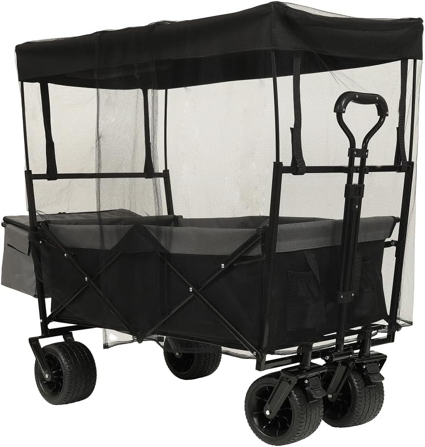 Heavy-Duty Collapsible Wagon with Removable Canopy and Mosquito Net, All-Terrain Wheels, Adjustable Handle, Large Capacity for Camping, Beach, Garden & Shopping (Black + Steel-1)