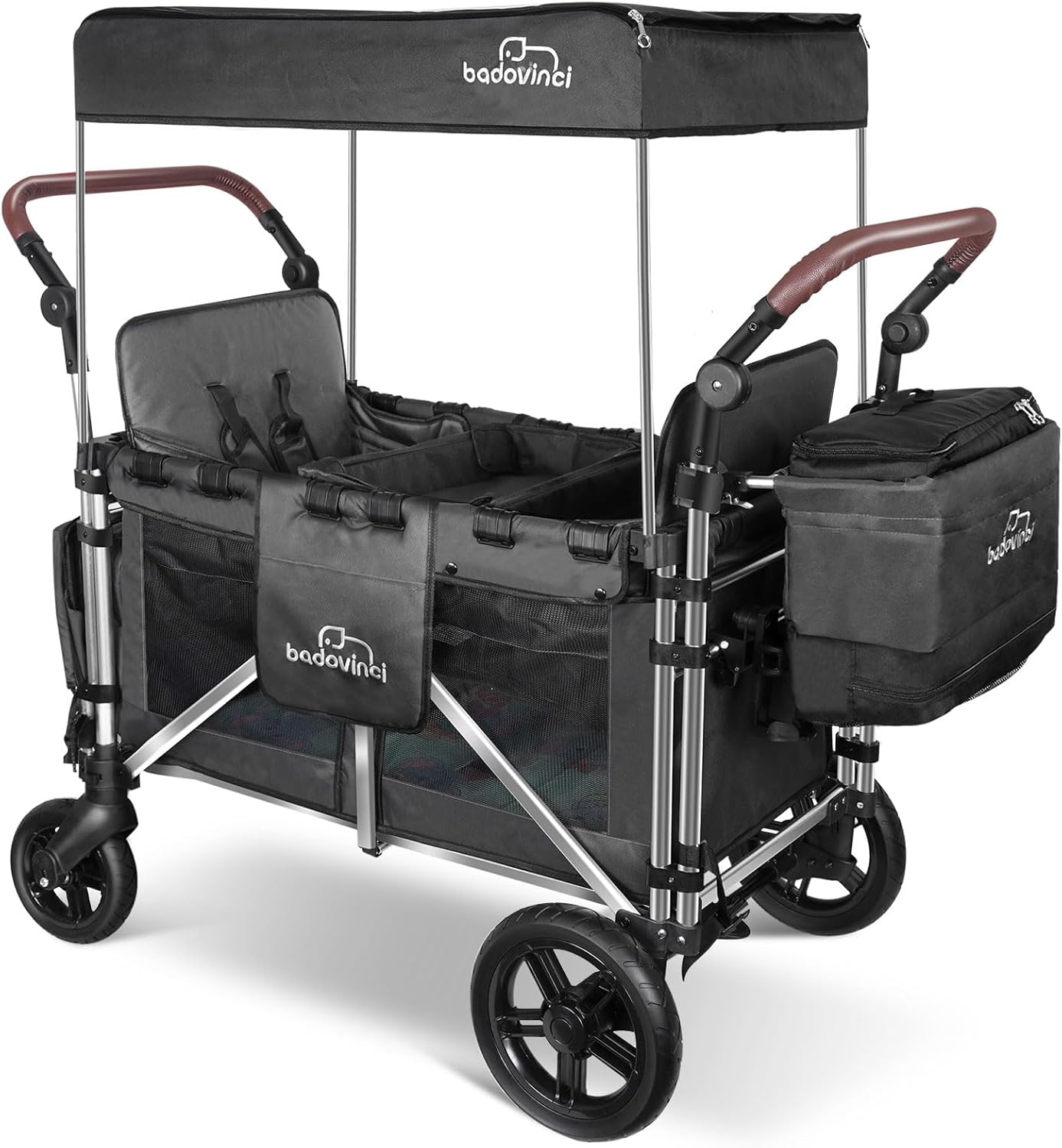 Stroller Wagon for 2 Kids, Foldable Push-Pull Rod Wagon Featuring 2 High Seats with 5-Point Harnesses and Adjustable Canopy, Perfect for Garden, Camping, Grocery Cart