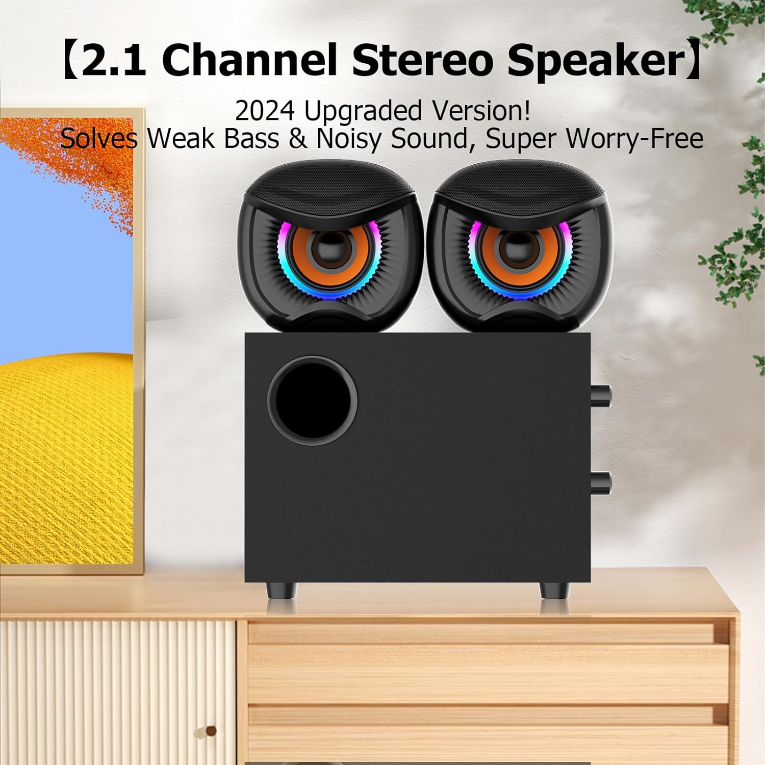 2.1 Channel Computer Speakers with Subwoofer, Black Metal Mesh, RGB LED Lighting, Theater-Grade Sound System for Gaming PC TV, Dual Satellite Design, 2025 Upgraded Model
