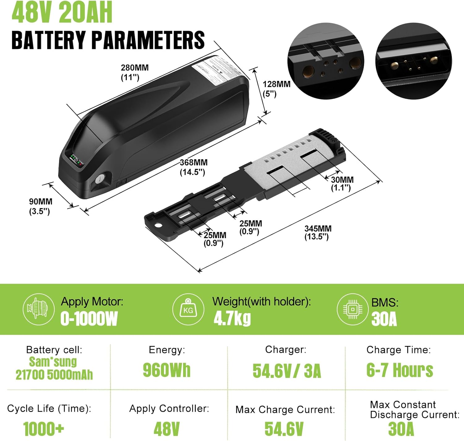 Ebike Battery 48V20Ah, Lightweight 48V Lithium Battery with 30A BMS,3A Fast Charger,Safe Lock, USB Port, Universal for 0-1000W E-Bikes, Scooters,Ebike Conversion kit(XT60 Female Connector)