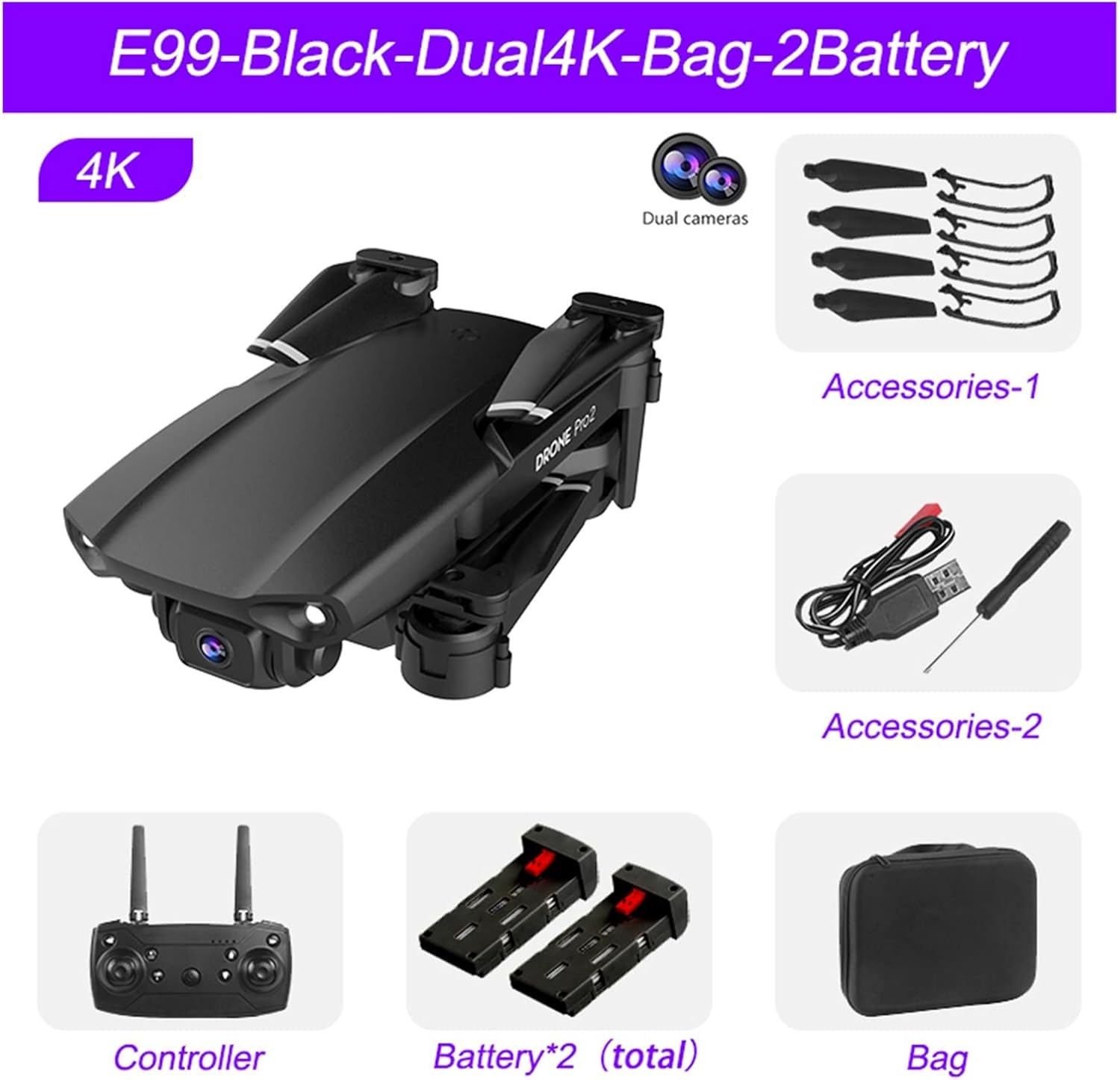 Ultralight and Foldable Drone Quadcopter RC Drone Optical Flow Dual 4K HD Camera Professional Aerial Photography Helicopter Foldable Quadcopter (Color : Black-4K-2B-Bag Size : 1) (Black dual4k)