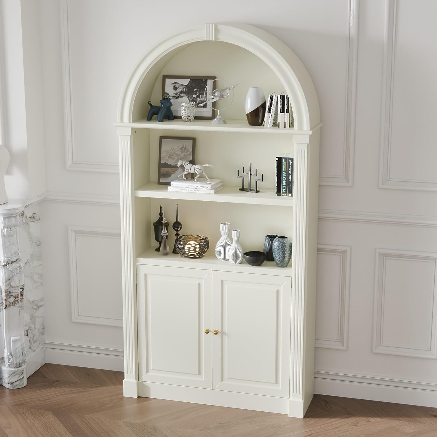 Hitow Arched Bookshelf, Mid Century Modern Arched Bookcase with 3-Tier Open Shelves and Doors, 71