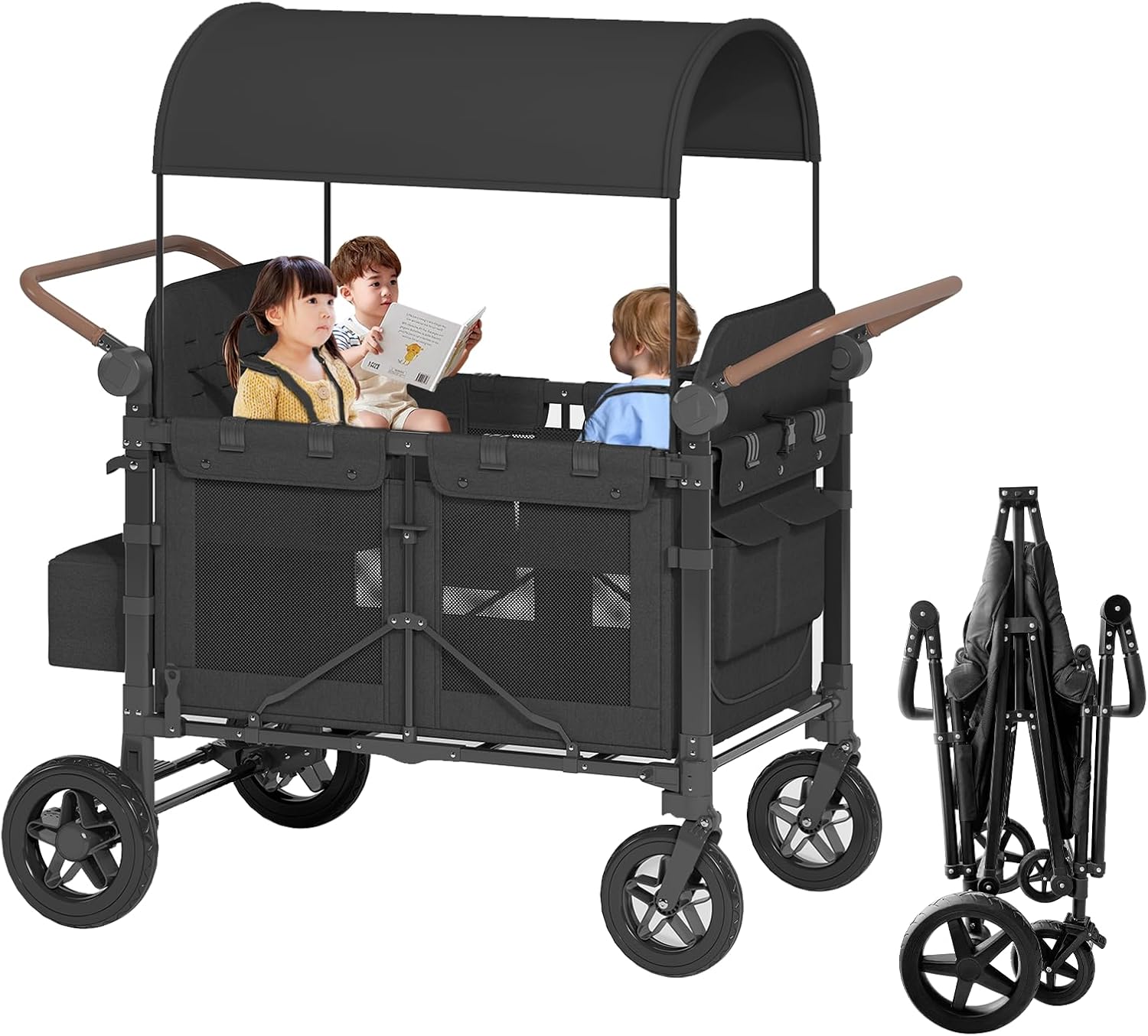 TABU 4 Seater Foldable Stroller Wagon with Removable Sun-Proof Canopy, All Terrain Wagon with Storage Bag, Adjustable Handle & 5-Point Harnesses for Camping, Travel, Beach, 51.2x22.5x42.6IN